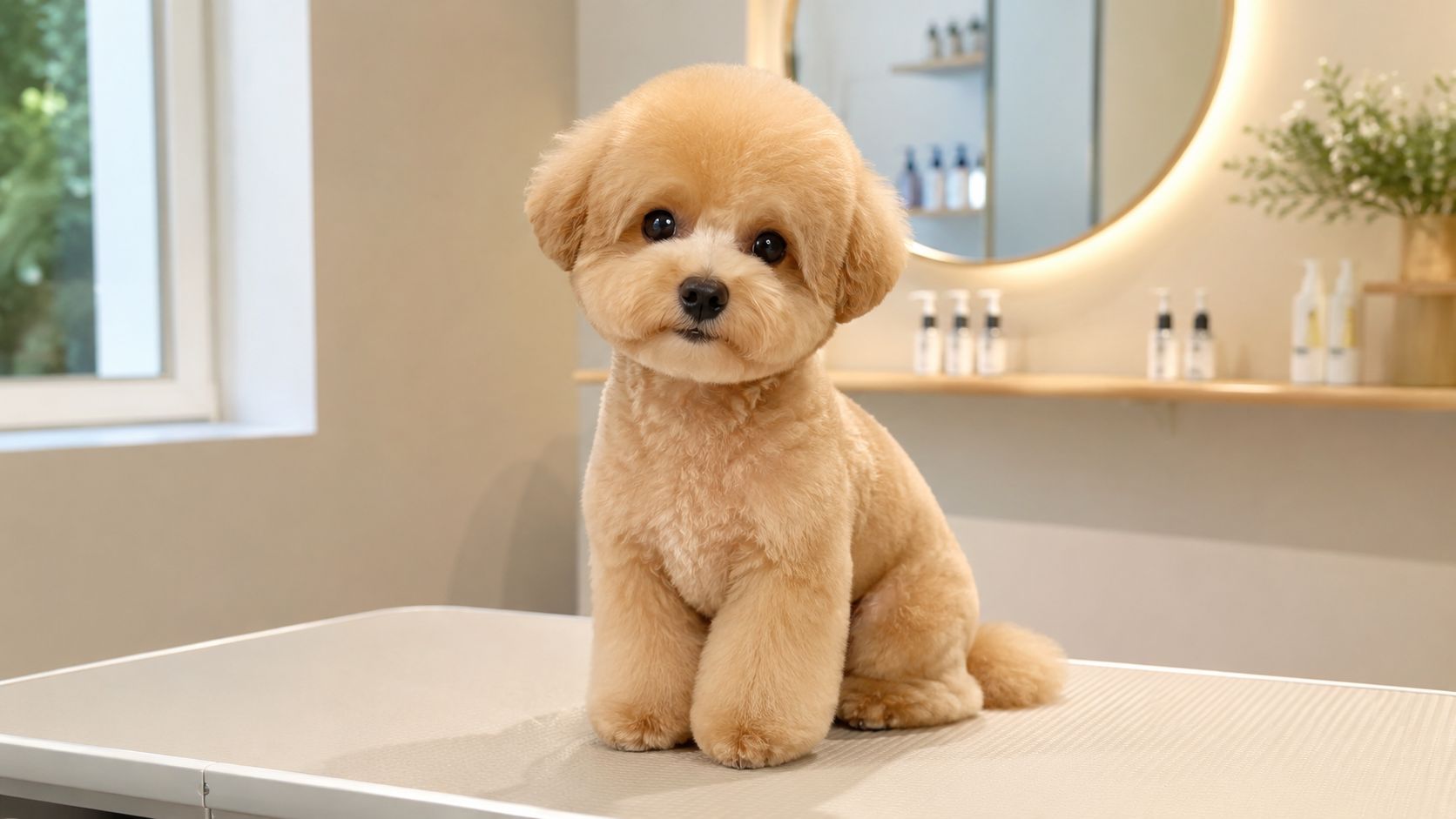 A cute tan poodle with a round Asian fusion style haircut sitting on a grooming table.