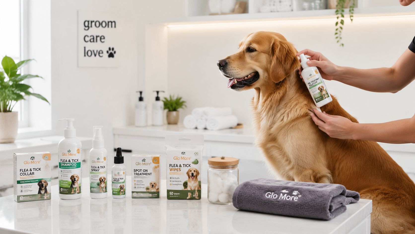 A golden retriever dog getting groomed with various flea and tick treatment products on a white table.