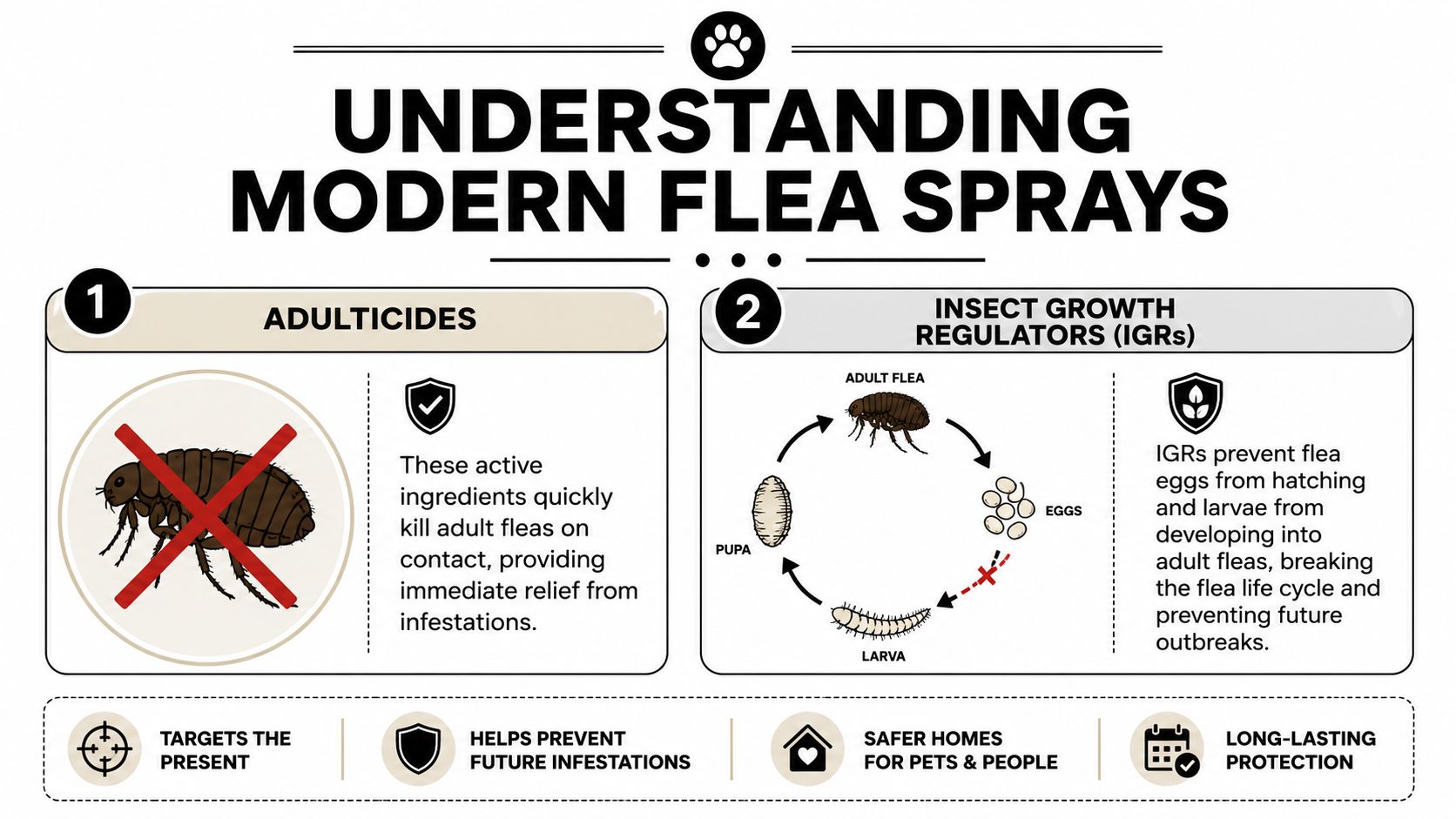 An infographic explaining how modern flea sprays use adulticides and insect growth regulators to manage infestations.