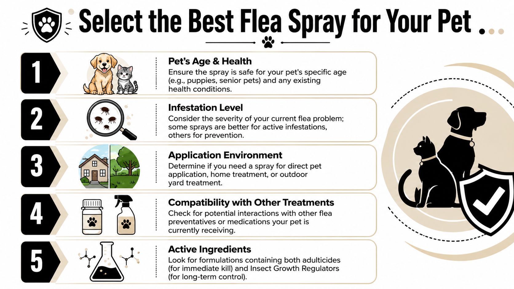 An infographic titled Select the Best Flea Spray for Your Pet, detailing five essential considerations for owners.