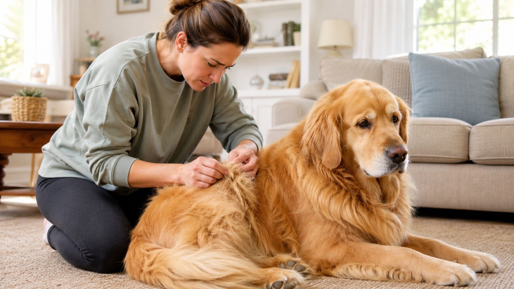 A woman carefully detangling the fur of a calm golden retriever dog while sitting on the floor.