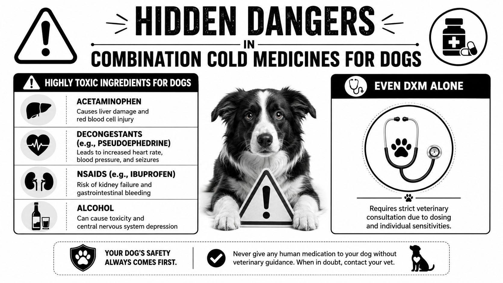 An infographic warning about the dangers of giving human cold medications to dogs, featuring toxic ingredients list.