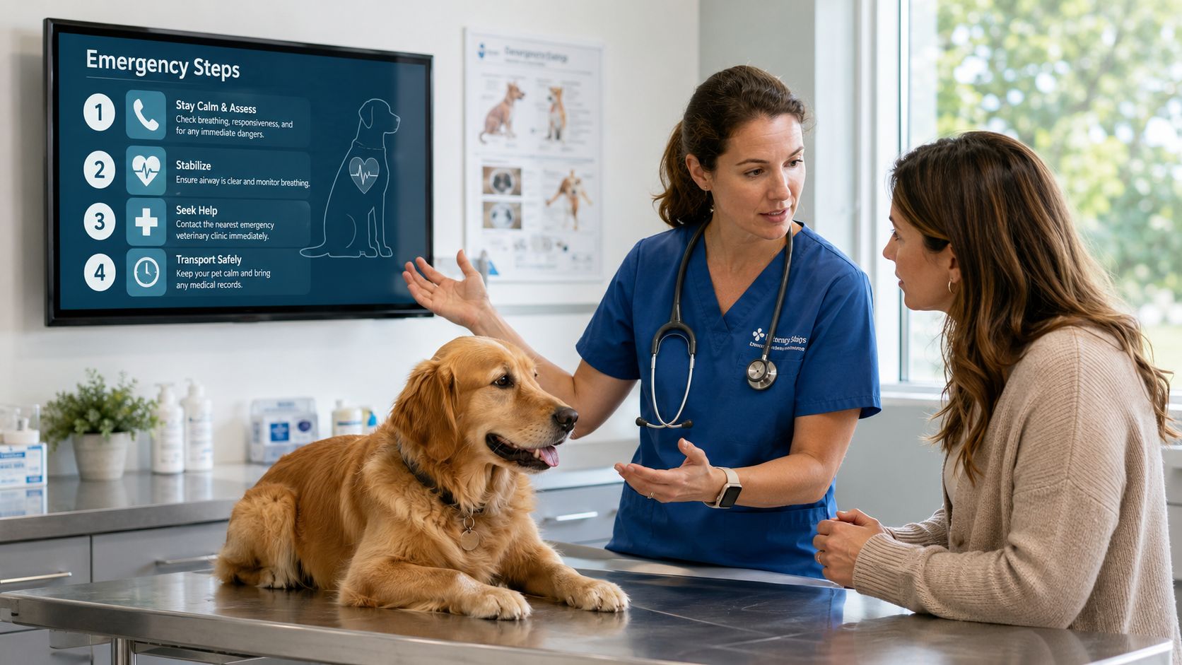 A veterinarian explaining emergency pet care steps to a concerned owner in a modern clinic office.