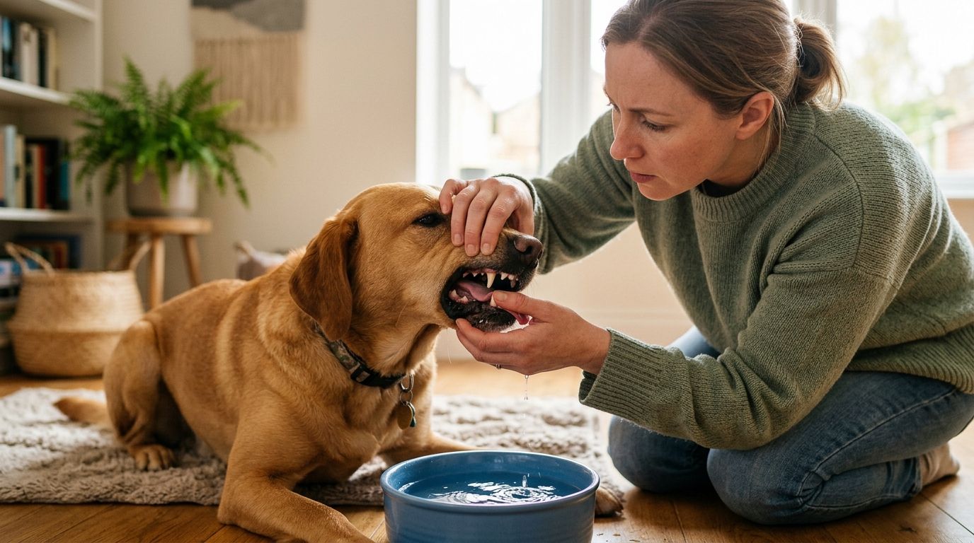 A concerned woman checking her golden retriever dog's mouth for foreign objects at home.