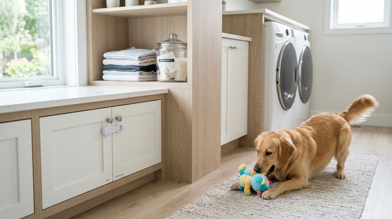 A golden retriever playing with a colorful plush toy on a rug in a bright, modern laundry room.