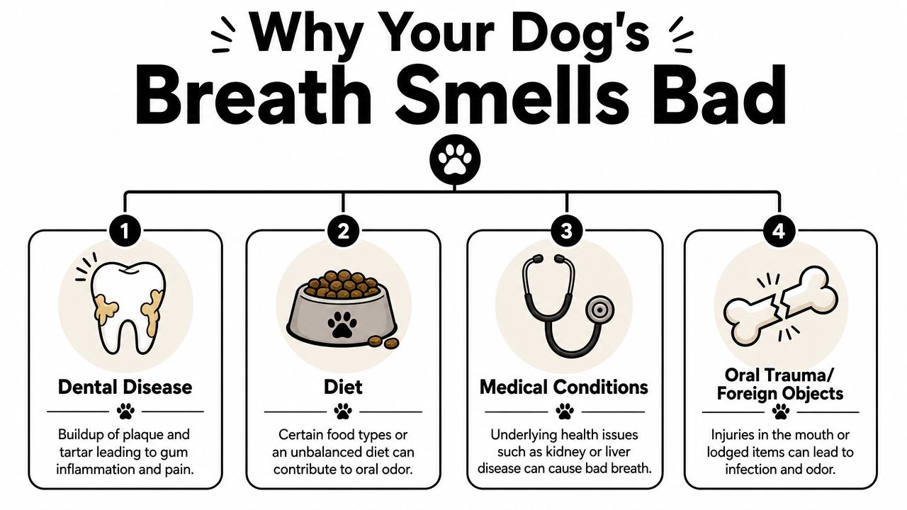 An infographic detailing four primary reasons for bad breath in dogs including dental disease and diet.
