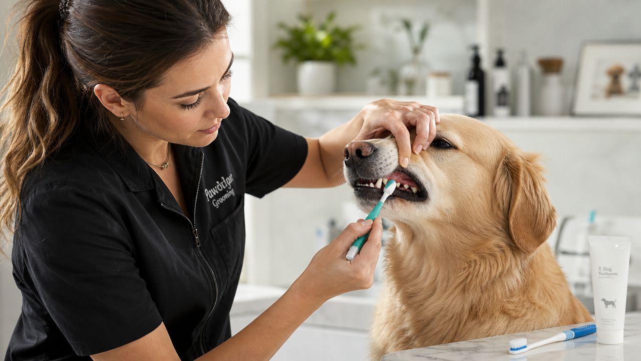 A professional groomer gently brushes the teeth of a calm golden retriever with a specialized toothbrush.