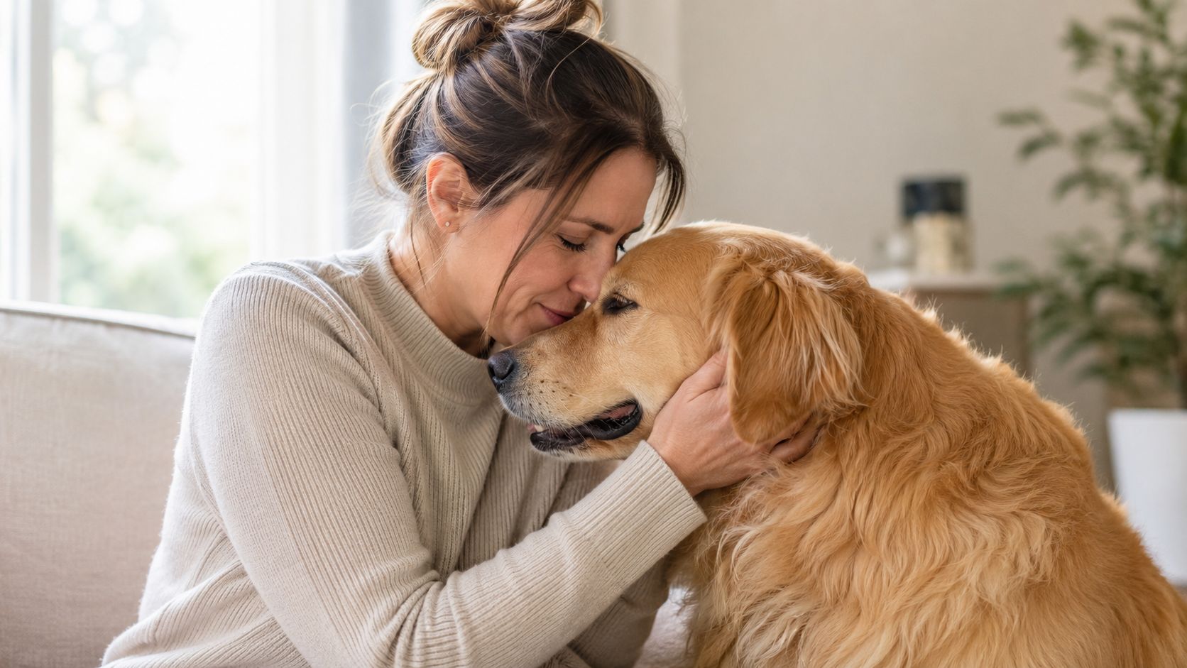 A woman affectionately cuddling and hugging her beautiful golden retriever dog at home.