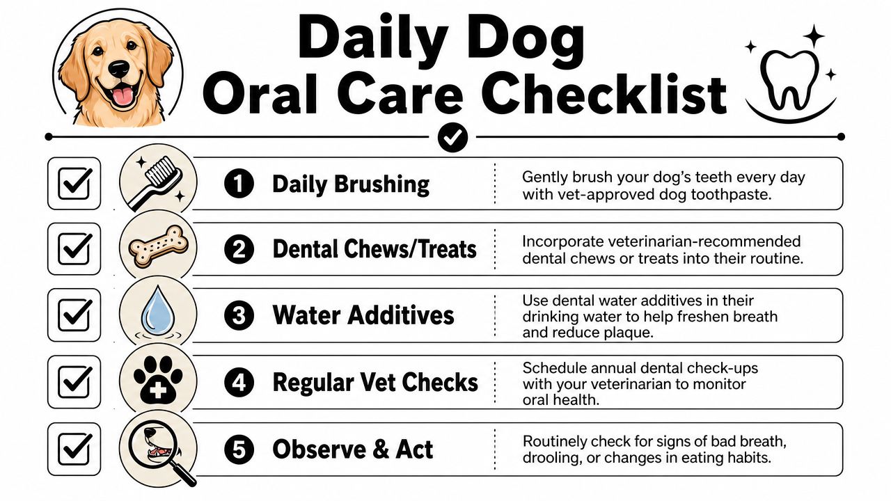 A helpful infographic showing five steps for maintaining daily dog oral hygiene and dental health.