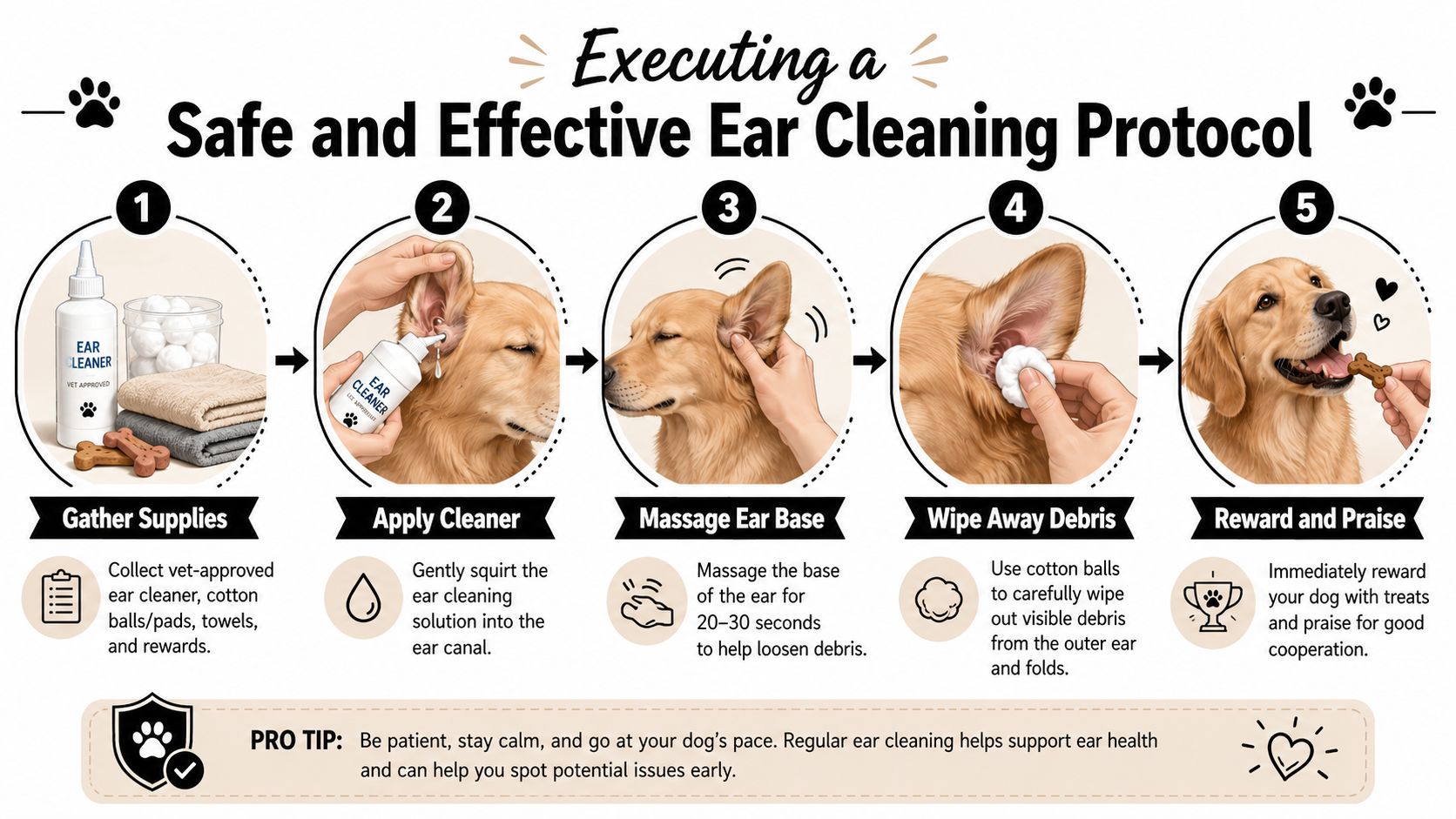 A five-step instructional guide on how to safely clean your dog's ears at home with veterinary approved supplies.