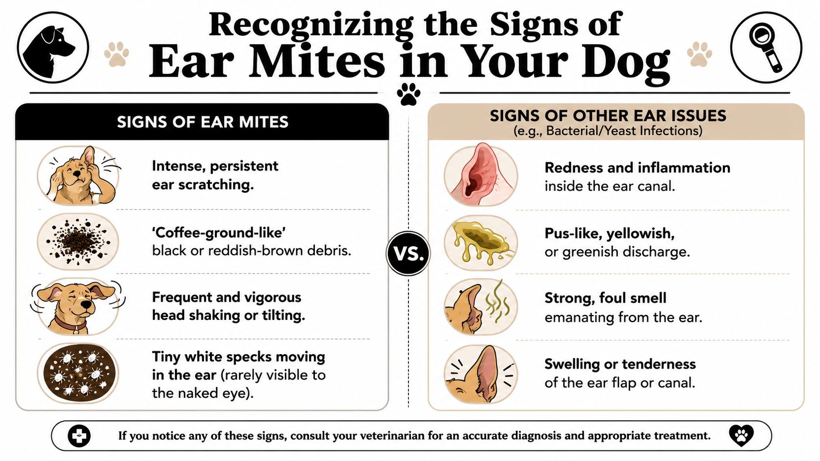 An infographic showing symptoms of ear mites versus other ear infections in dogs for veterinary awareness.