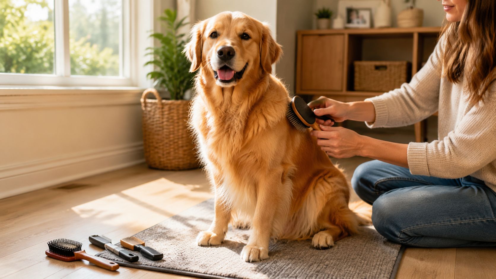 A woman gently brushes the fur of her golden retriever dog sitting on a rug at home.