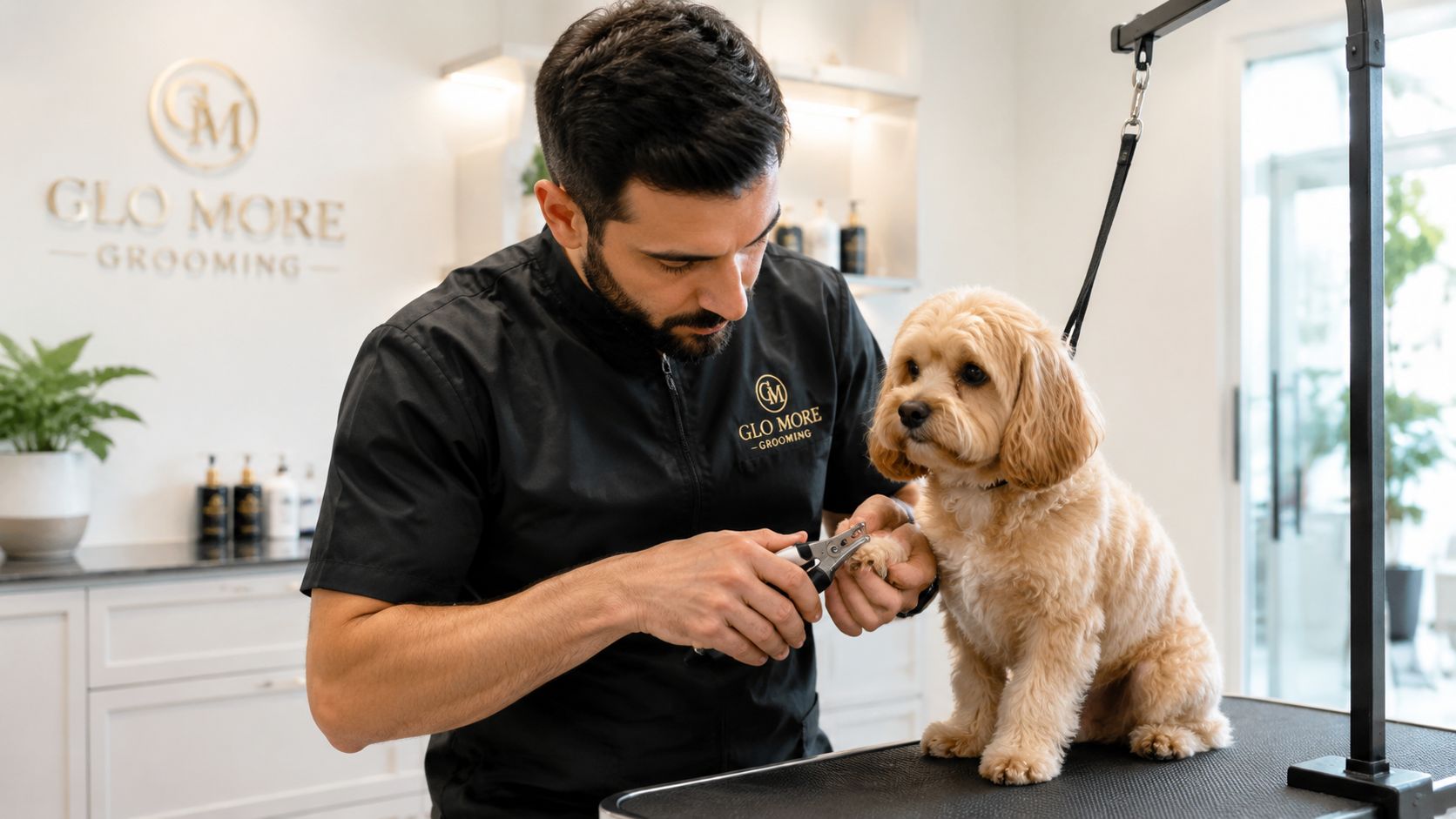 A professional groomer carefully trims the nails of a small, fluffy light brown dog on a grooming table.