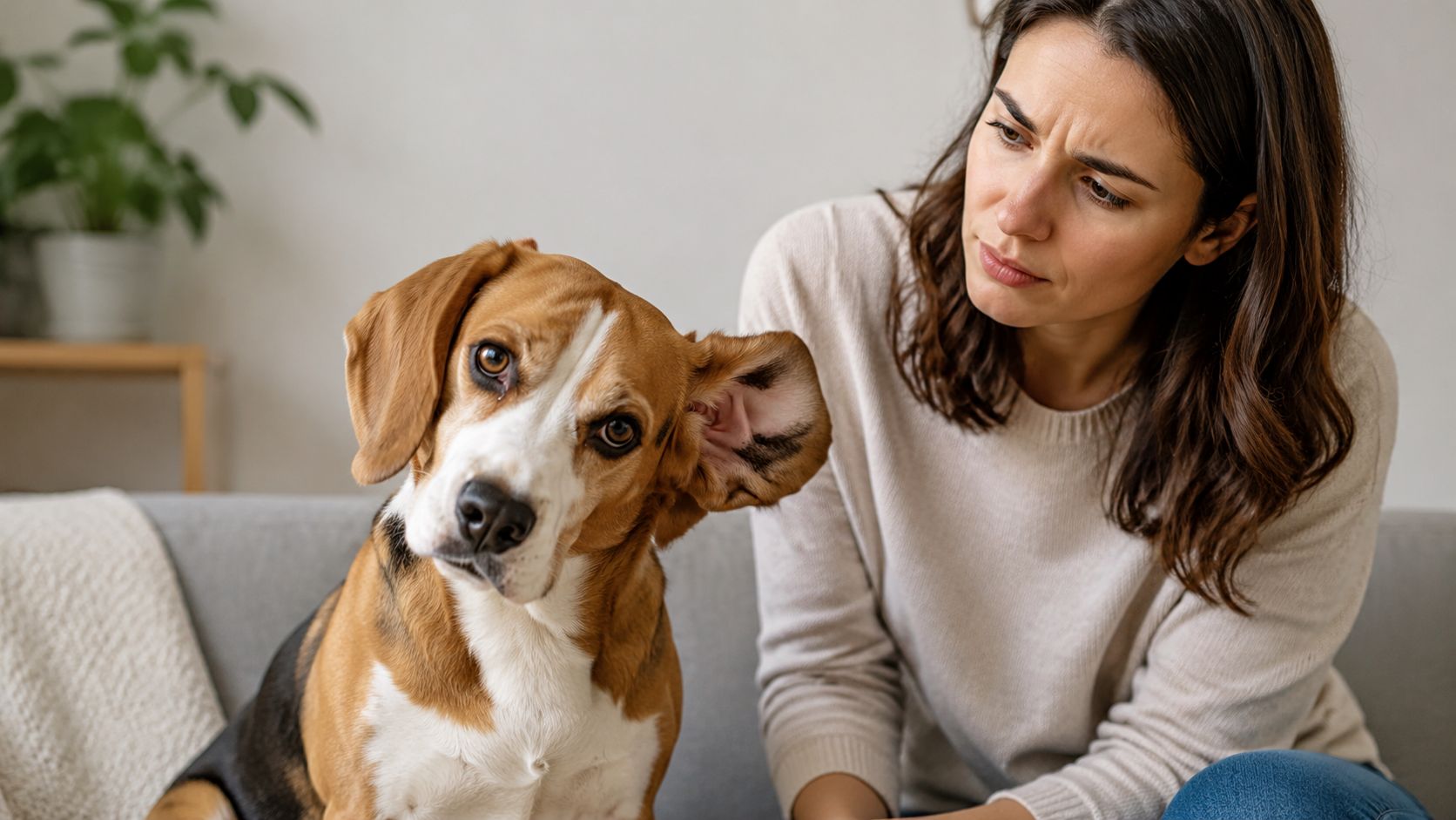 A concerned woman looks at her beagle dog with an ear tilted as if having discomfort.