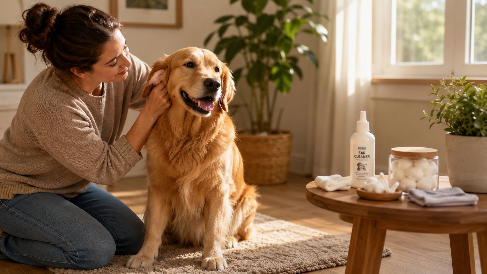 A young woman gently cleans the ear of a friendly golden retriever dog at home.
