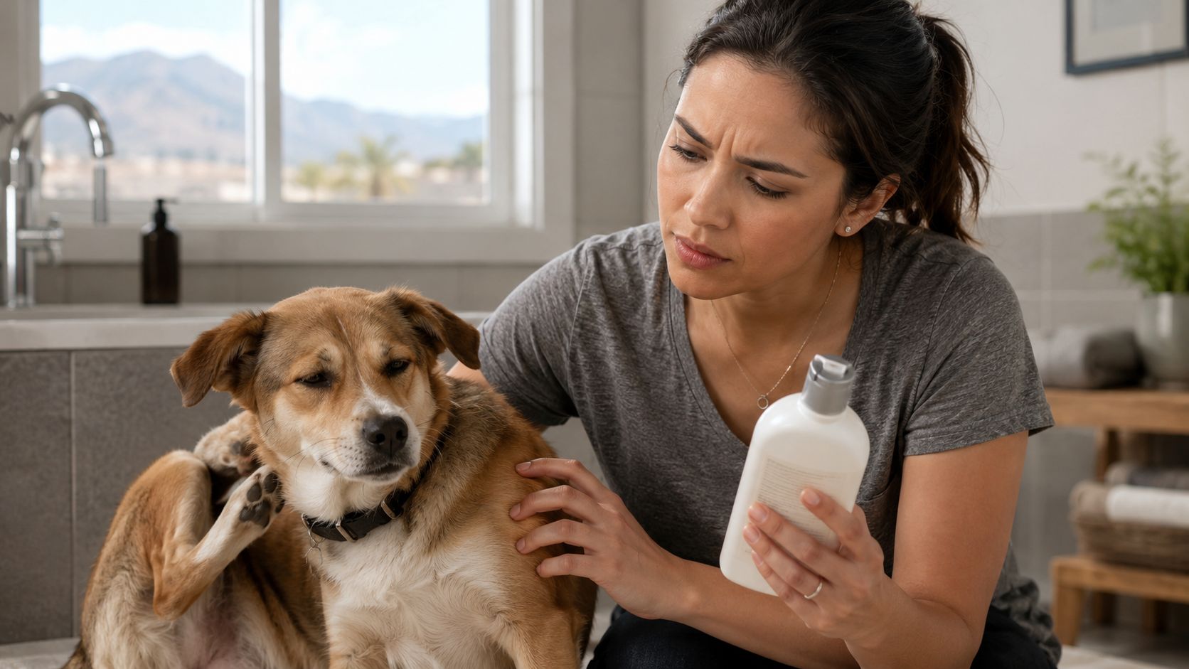 A concerned woman reading the ingredients label on a bottle of dog shampoo while her dog scratches.