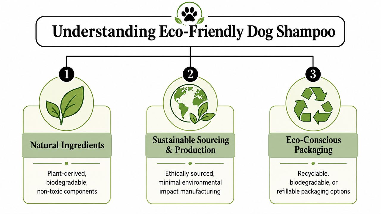 An infographic detailing the three key pillars of eco-friendly dog shampoo: natural ingredients, sustainable production, and packaging.