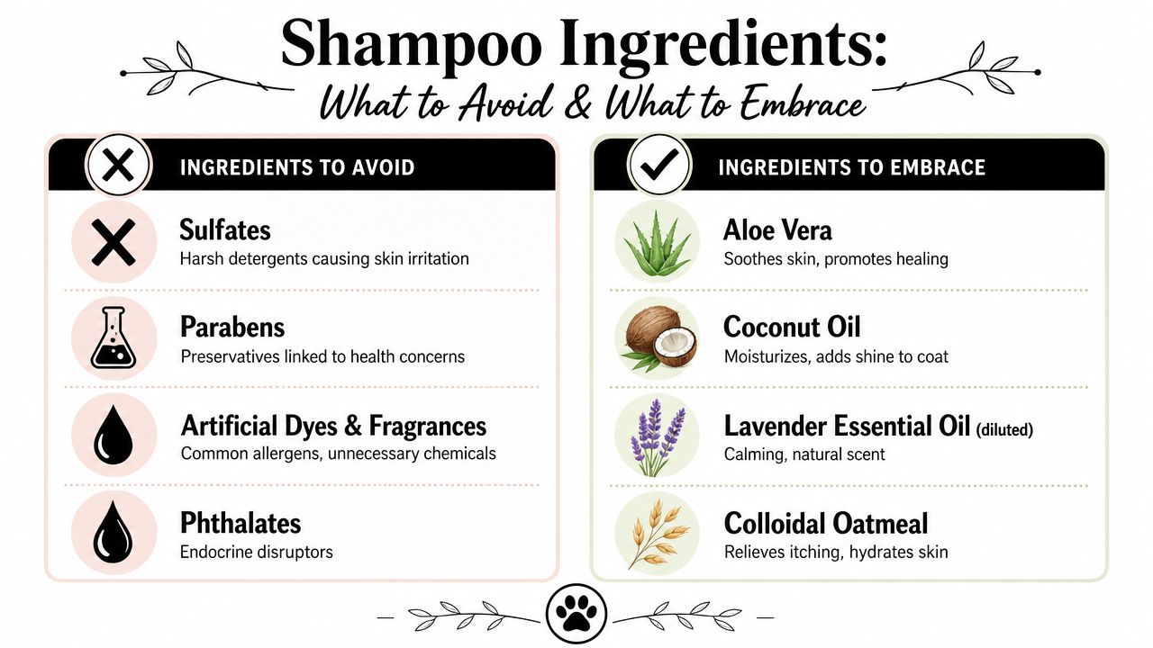 A helpful infographic comparing harmful ingredients to avoid versus beneficial ingredients to embrace in dog shampoo.