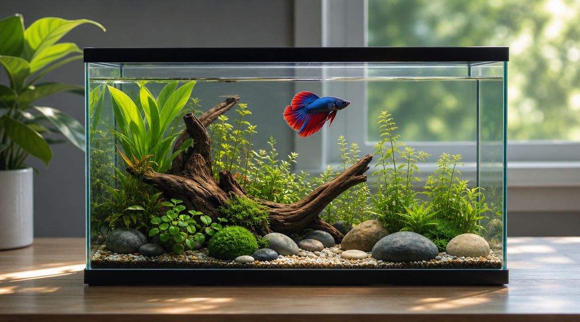 A vibrant 10-gallon freshwater fish tank featuring a blue and red betta fish swimming among lush aquatic plants.