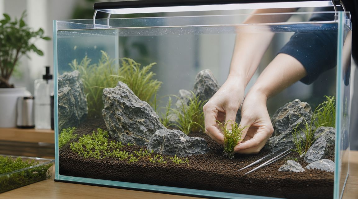 A person planting aquatic plants into the soil of a 10 gallon fish tank setup