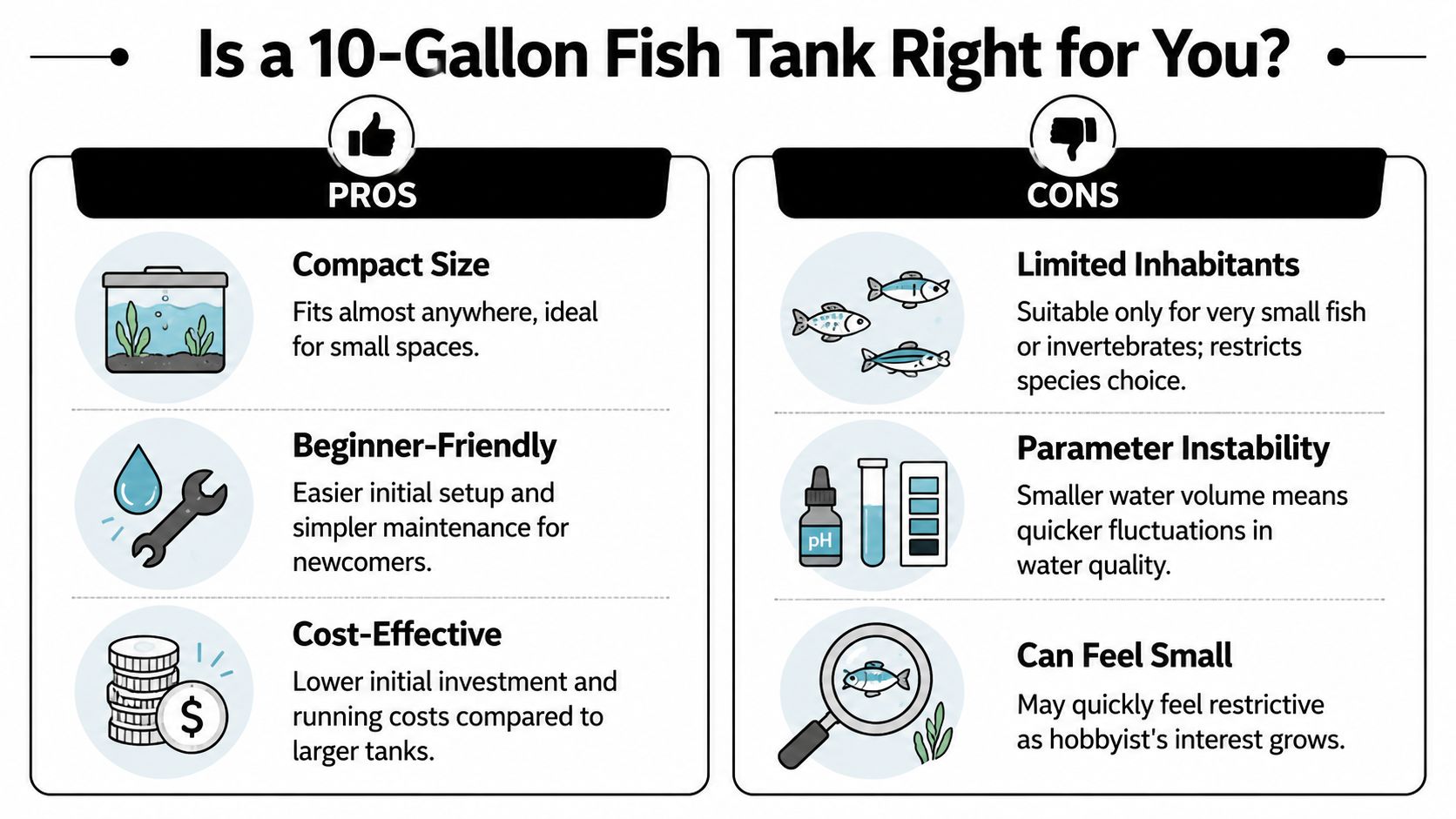 An infographic comparing the pros and cons of owning a ten gallon aquarium for fish hobbyists.