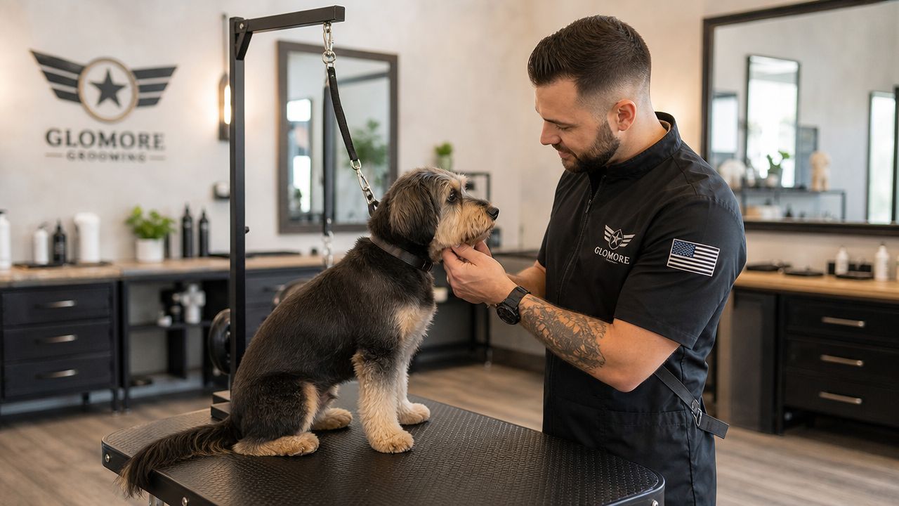 A professional groomer in a black shirt gently examining a scruffy dog on a grooming table.