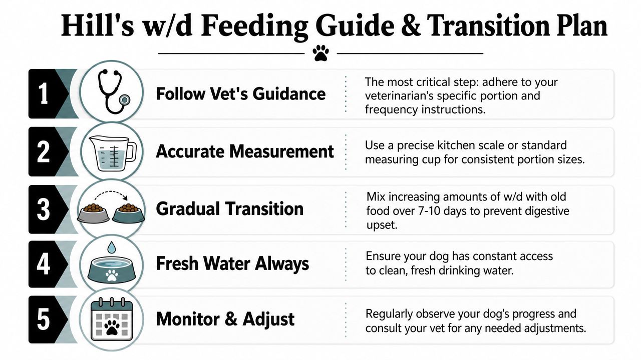 A five-step instructional guide for Hill's w/d dog food feeding and transition, featuring icons and text.