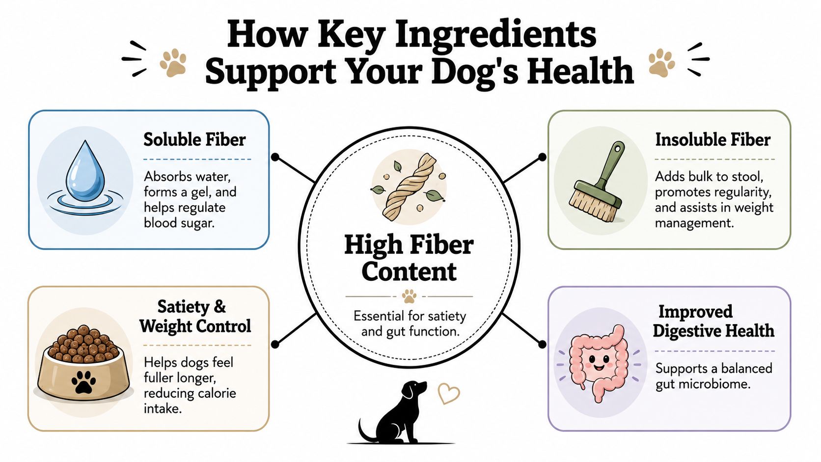 An infographic showing how high fiber content in dog food supports digestive health and weight management.