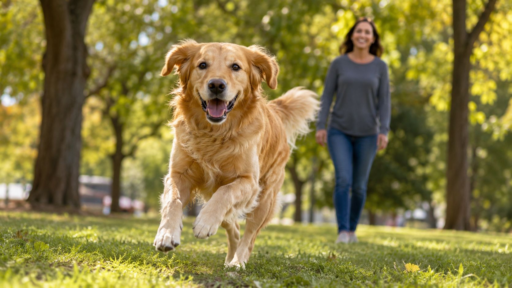 A happy golden retriever runs towards the camera in a park with a woman walking behind it.