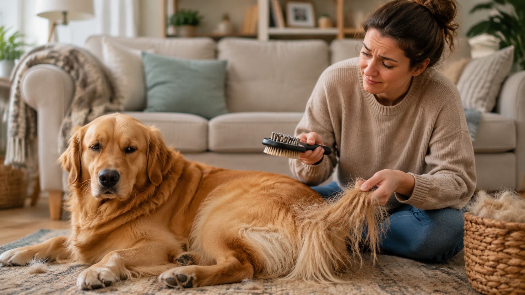 A woman grooming her golden retriever dog with a brush while sitting on the living room floor.
