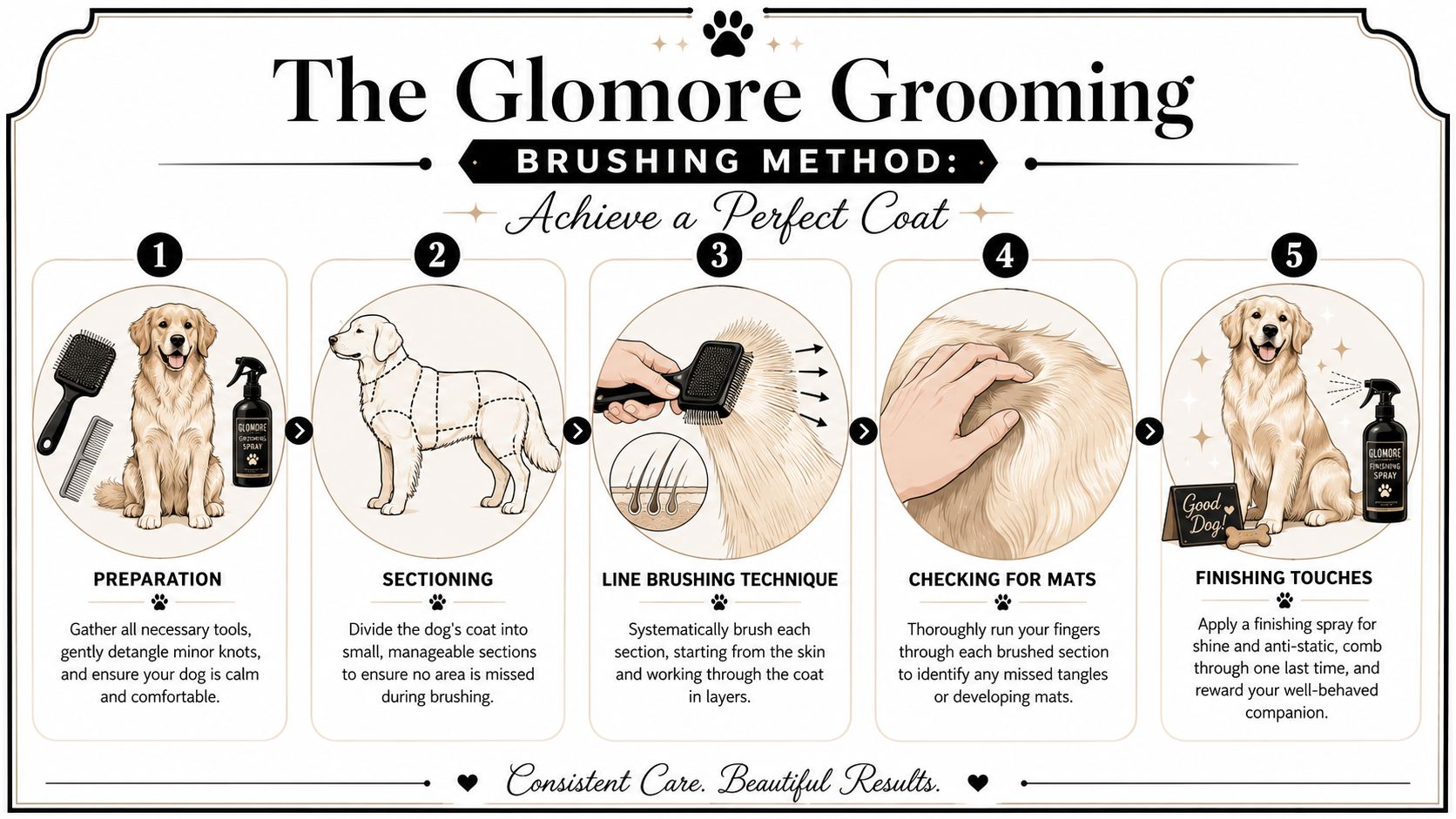 A five-step instructional infographic detailing the professional Glomore Grooming method for brushing a dog's coat effectively.