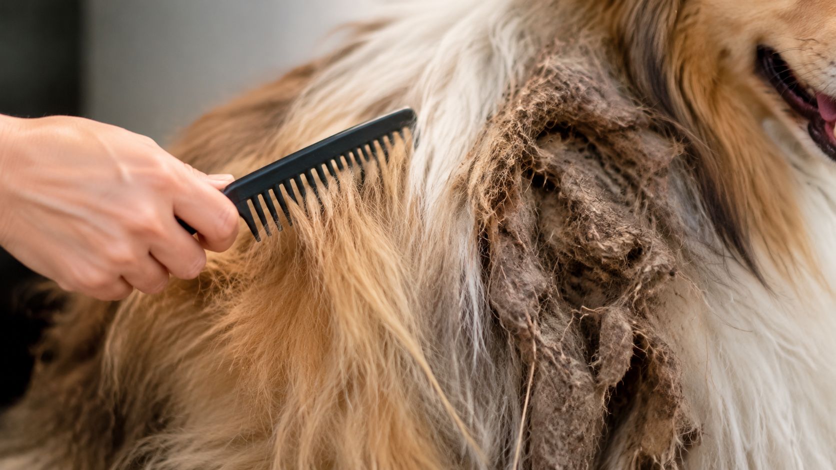 A person uses a black comb to groom the matted fur of a long-haired dog.