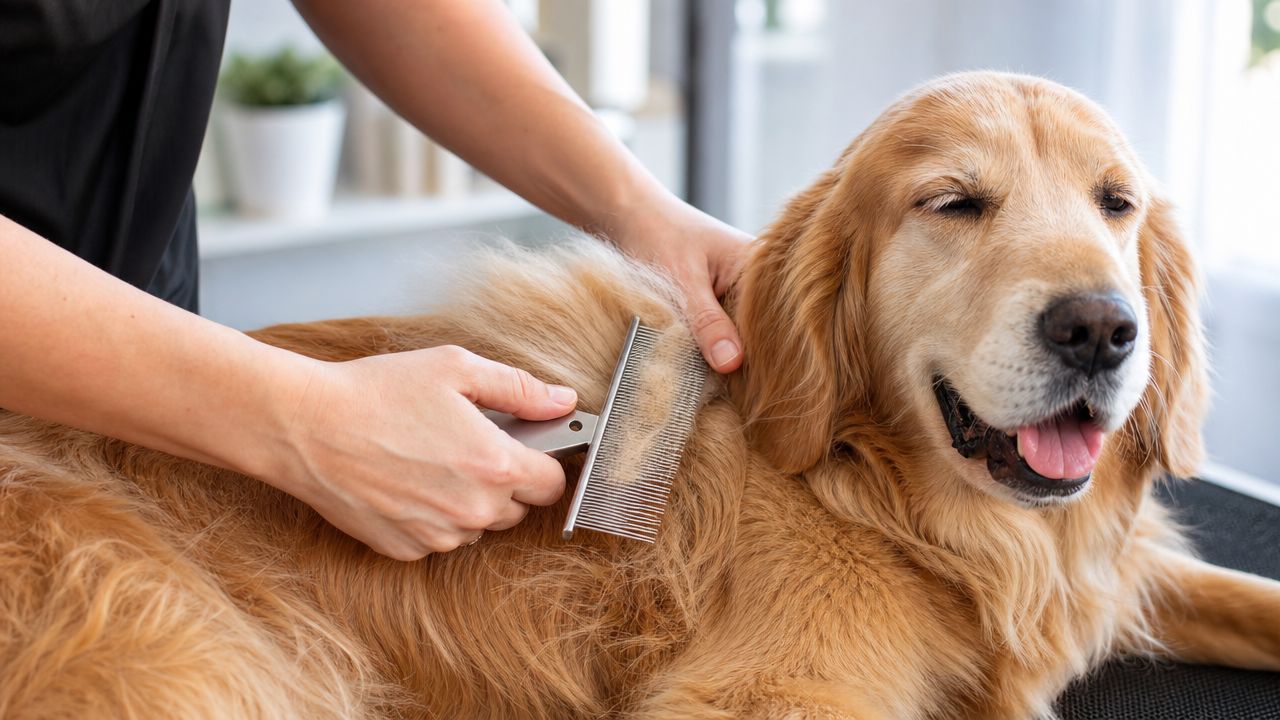 A professional groomer uses a metal comb to demat the fur of a happy golden retriever.