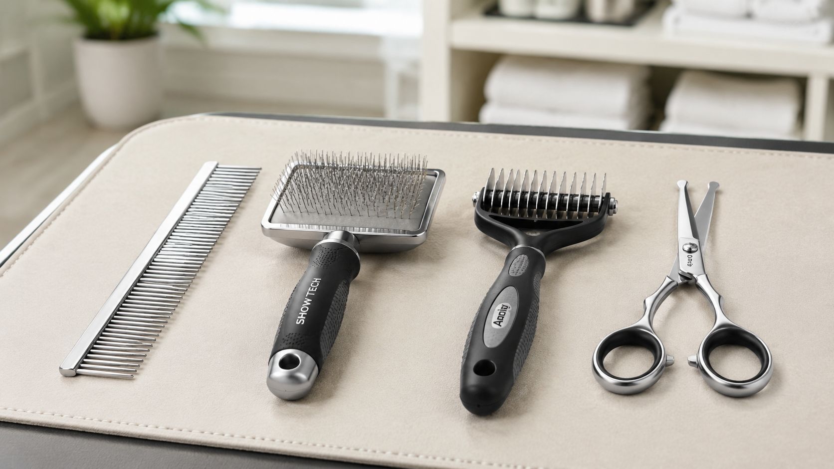 A professional grooming set with a metal comb, slicker brush, dematting rake, and scissors on a mat.