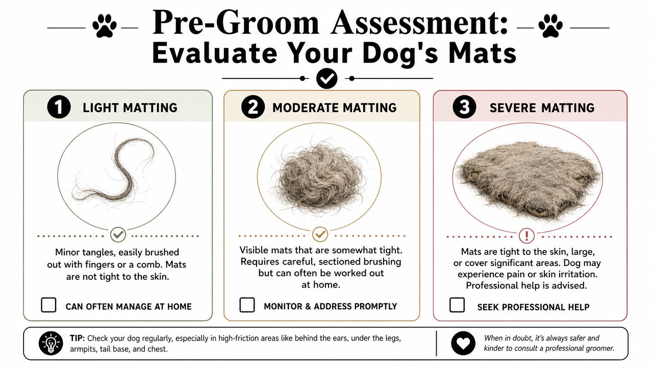 A visual guide illustrating three levels of dog fur matting from light tangles to severe mats.