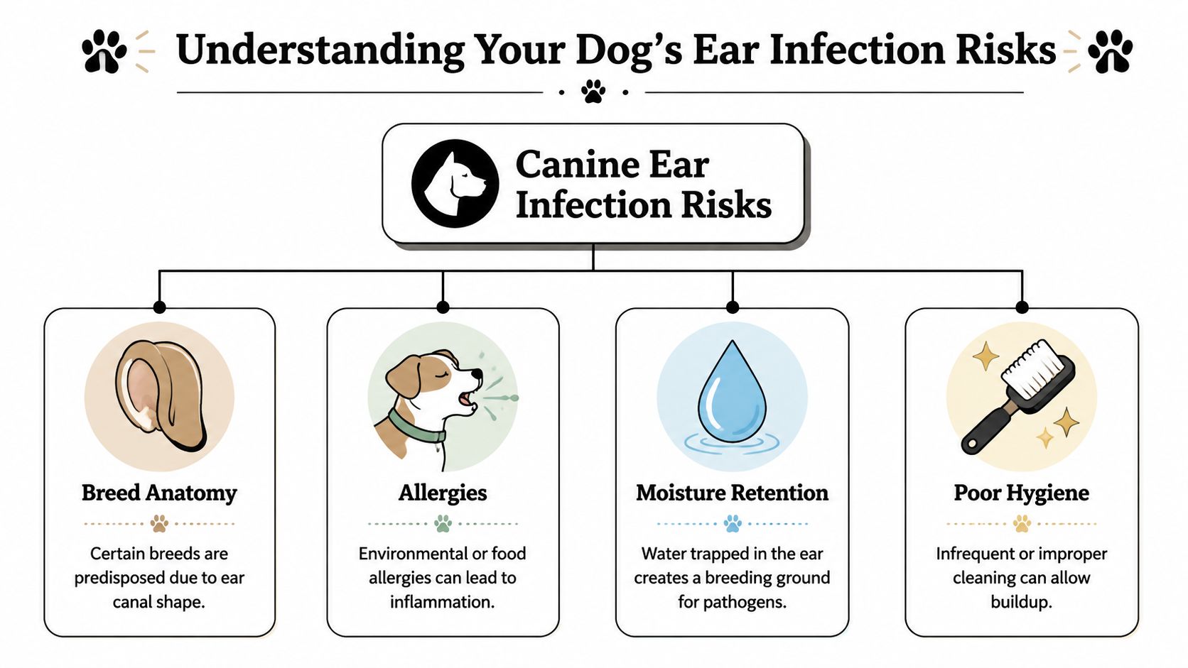 An infographic showing four common factors that increase the risk of ear infections in dogs.