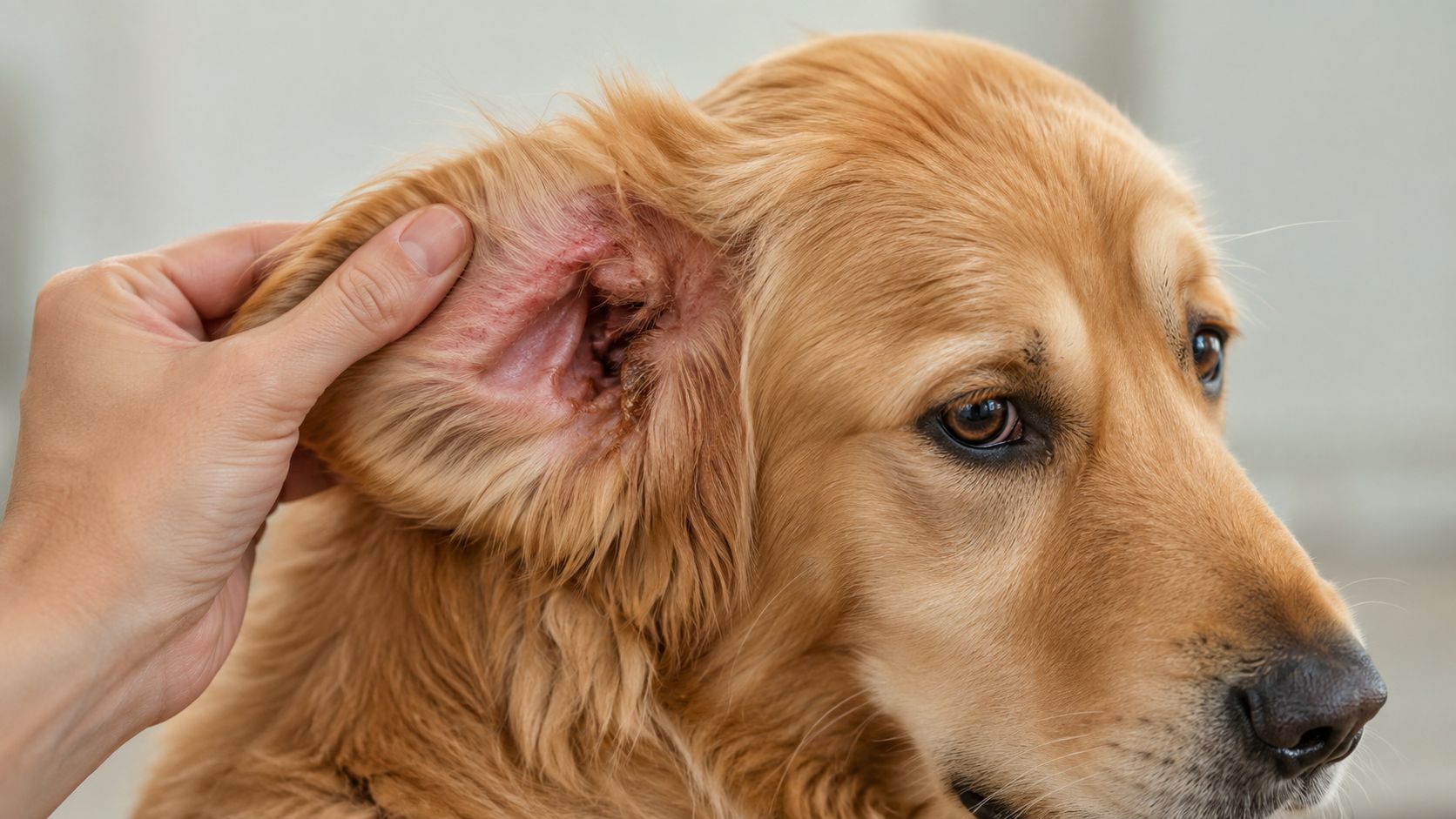 A person gently examining the inflamed and irritated ear of a golden retriever dog close up.