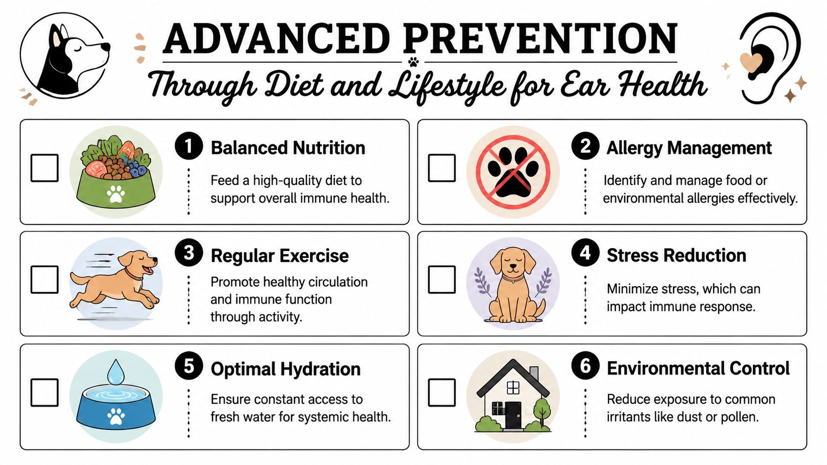 A helpful infographic showing six key lifestyle tips for preventing ear infections in dogs.
