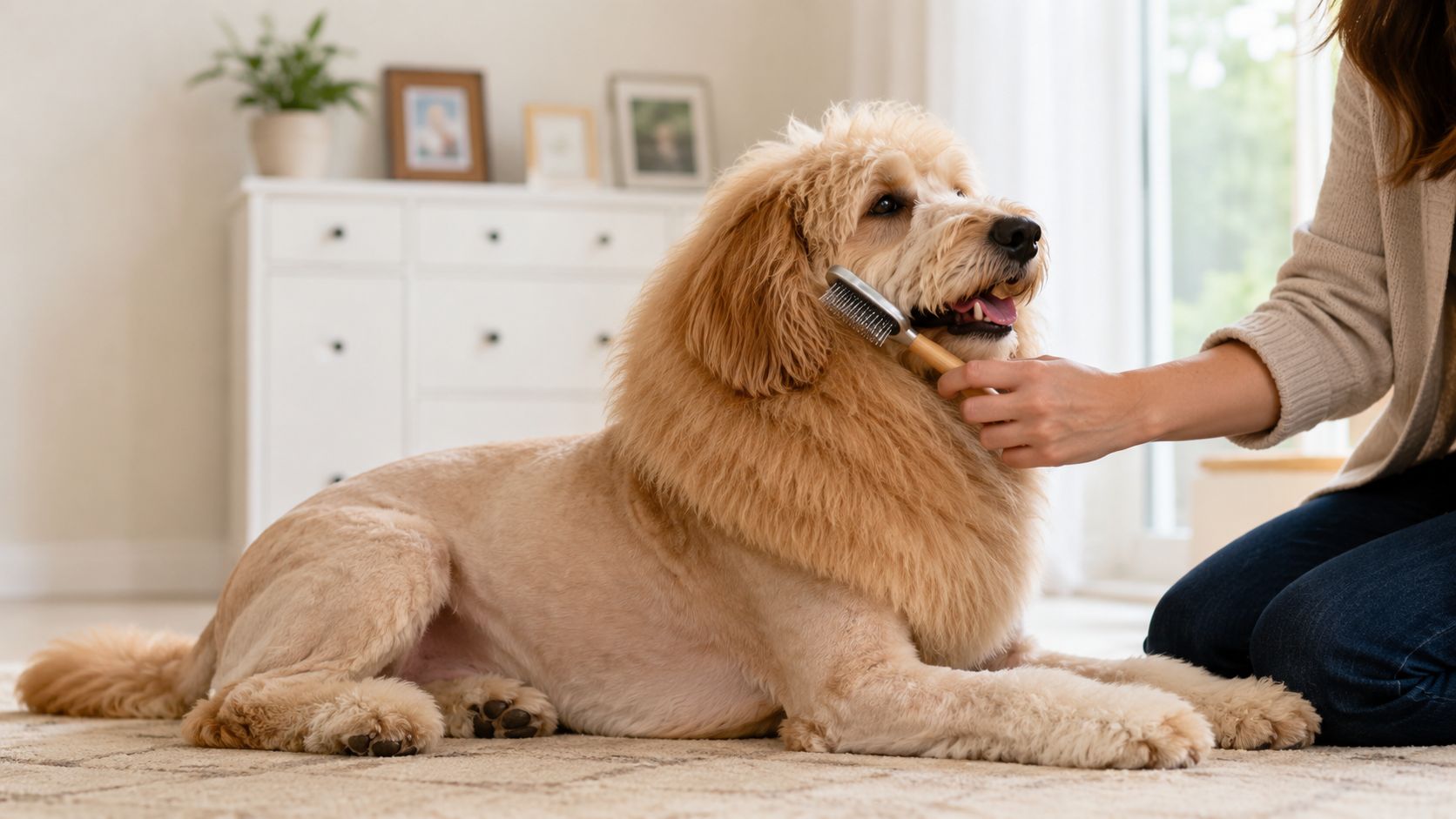 A person gently brushing a dog with a stylish lion mane cut in a cozy home setting.