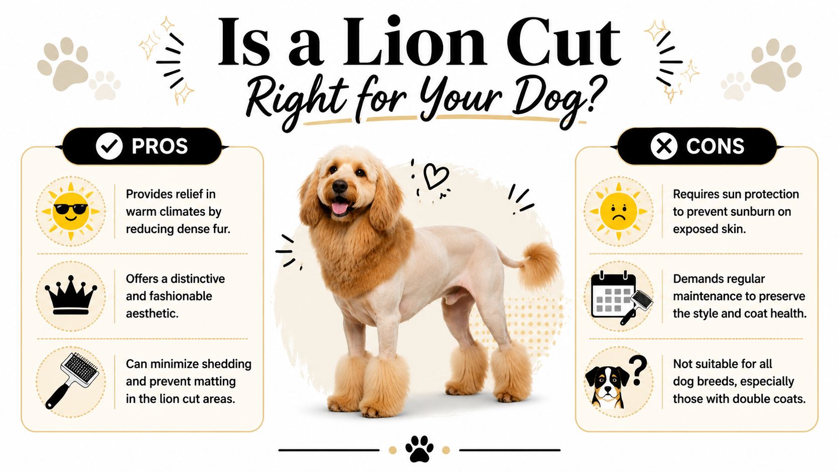 An infographic comparing the pros and cons of a lion cut grooming style for dogs.