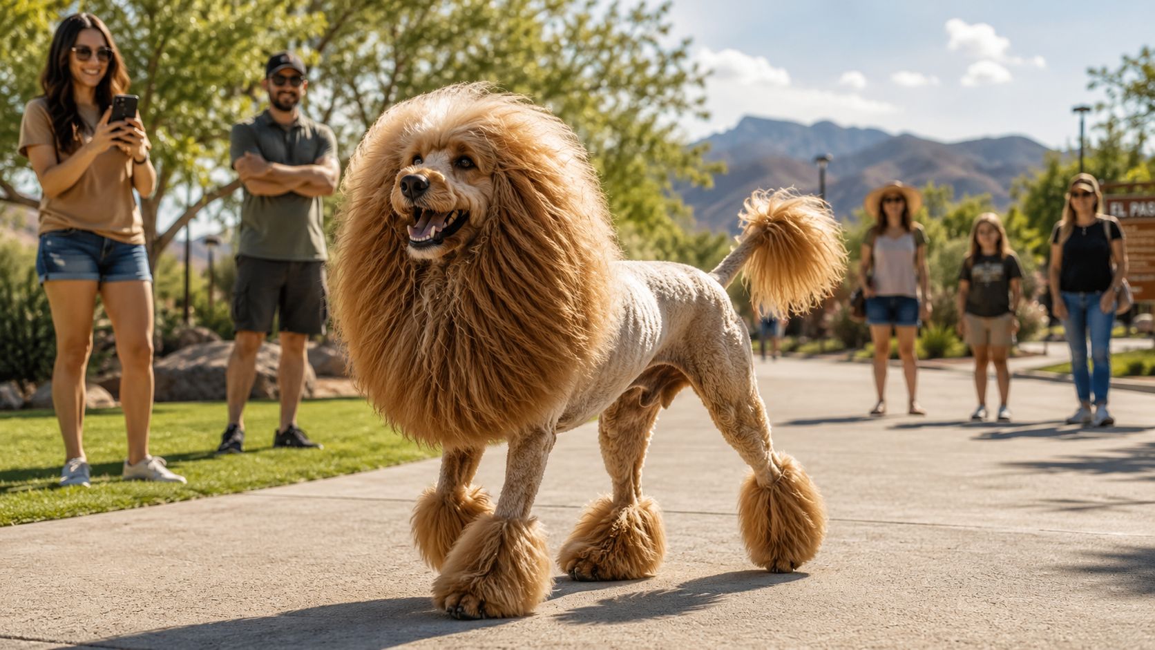 A poodle styled with a lion cut mane walks on a path while people watch in the background.