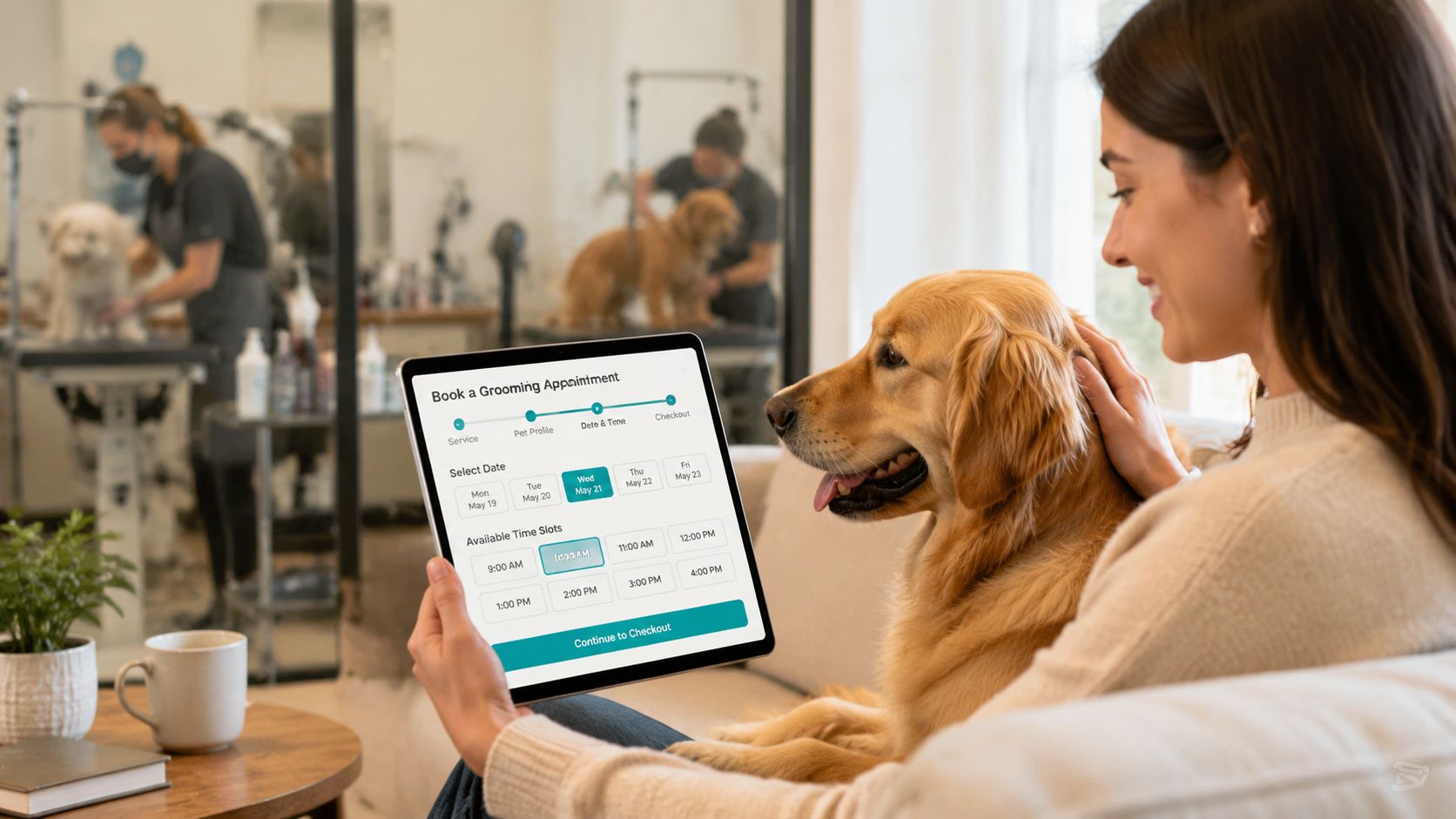 A woman petting her golden retriever while booking a pet grooming appointment online using a digital tablet.