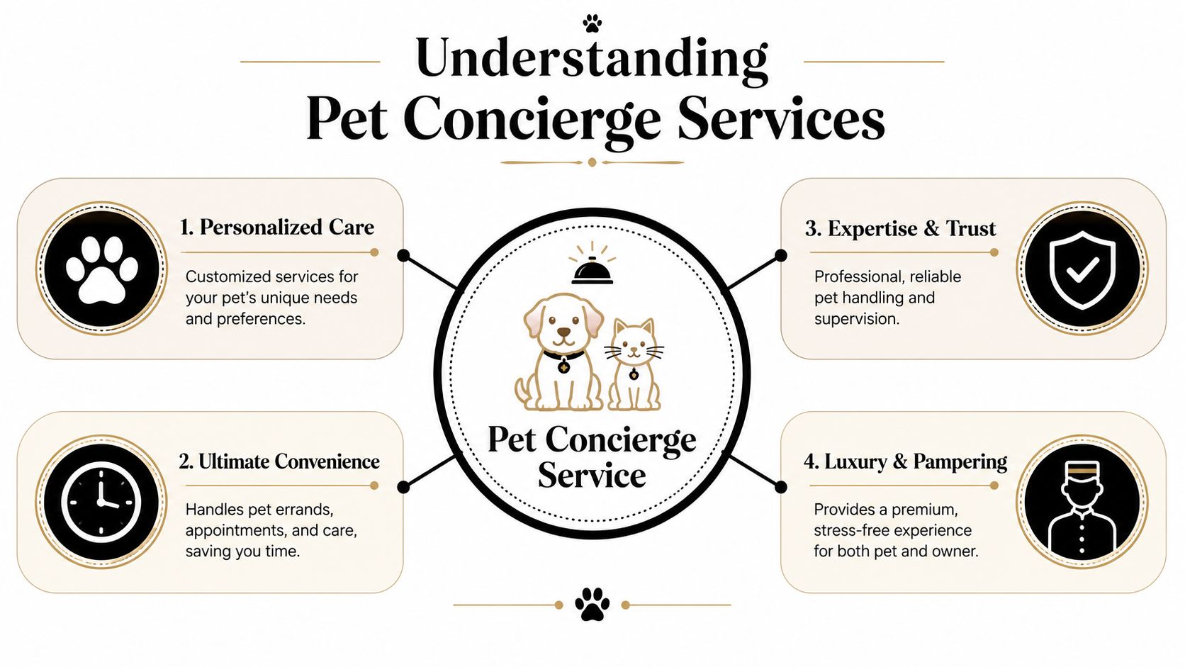 An infographic titled Understanding Pet Concierge Services outlining four key benefits including personalized care, convenience, expertise, and luxury.