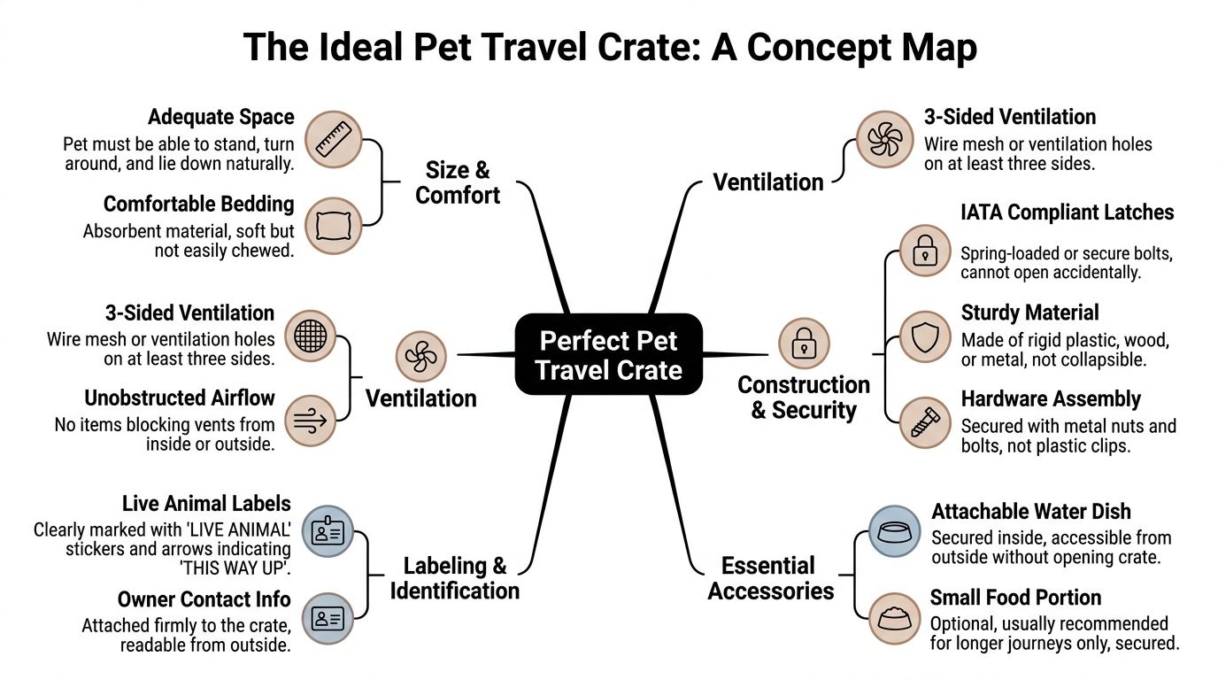 A concept map detailing the essential requirements and features for an ideal and safe pet travel crate.