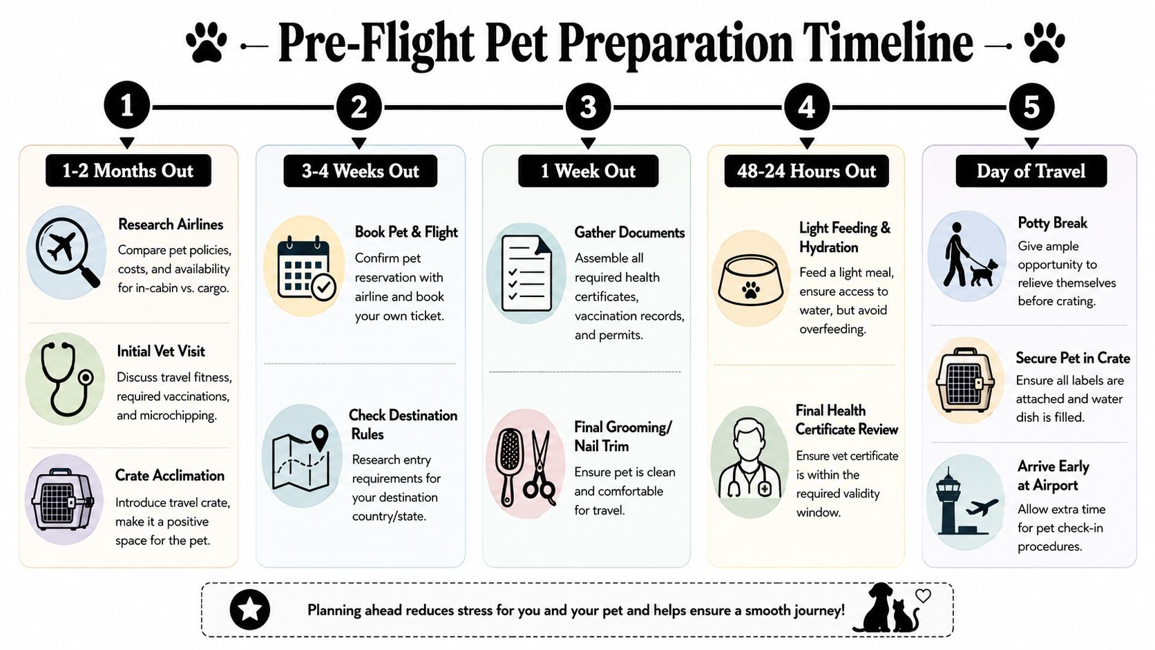 A detailed infographic timeline titled Pre-Flight Pet Preparation outlining five stages for safe air travel.