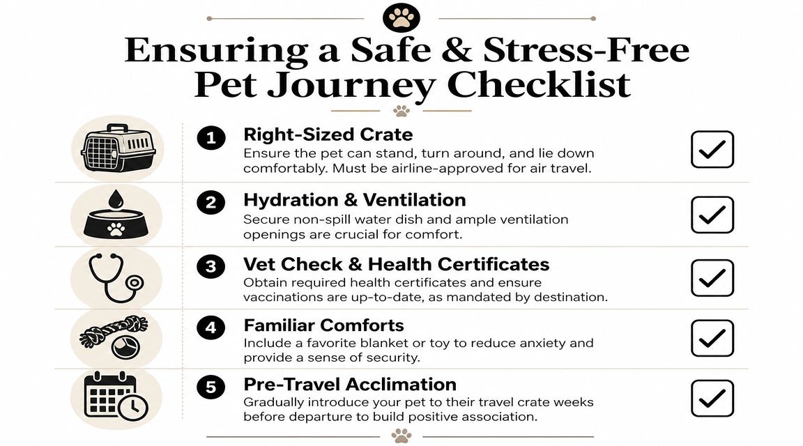 A checklist for pet travel safety highlighting crates, hydration, vet checks, comfort items, and acclimation tips.