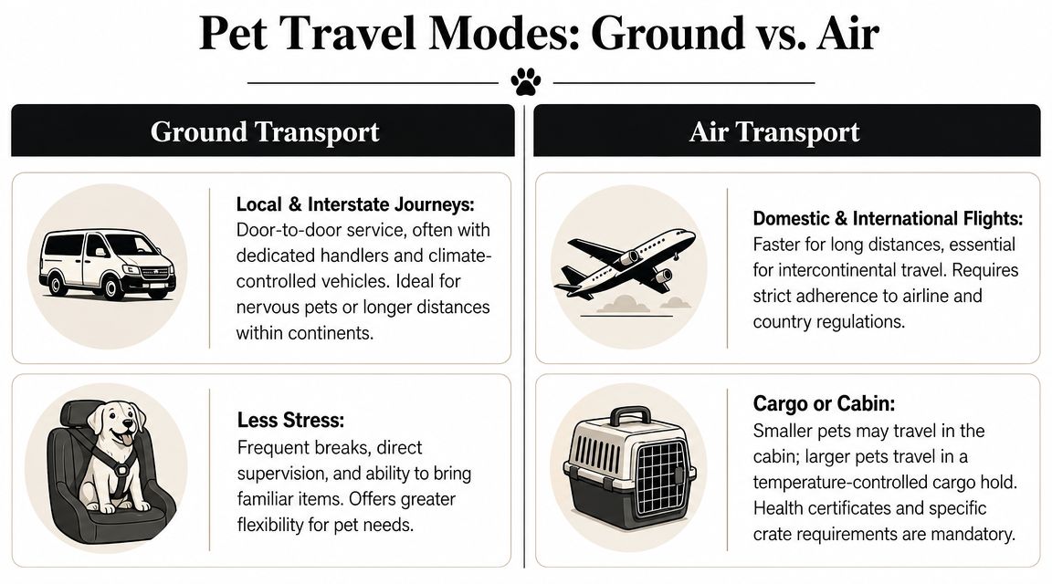 A comparison infographic showing the benefits of ground versus air transport for pet travel.