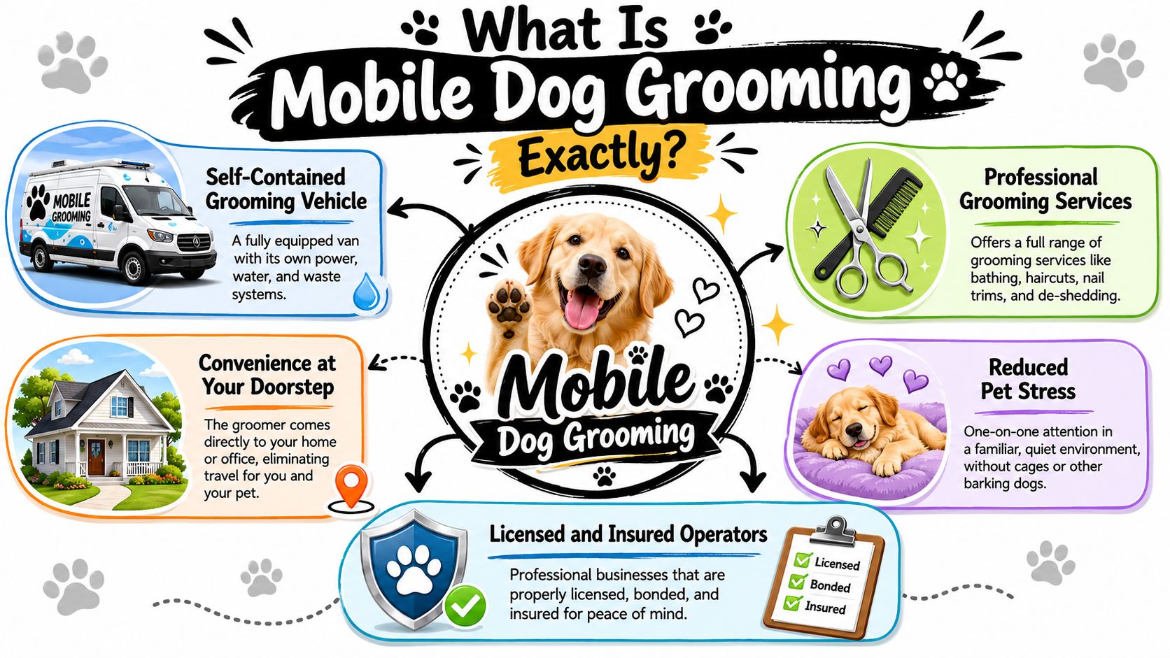 An infographic explaining mobile dog grooming services, highlighting convenience, professional care, reduced stress, and mobile vehicle capabilities.