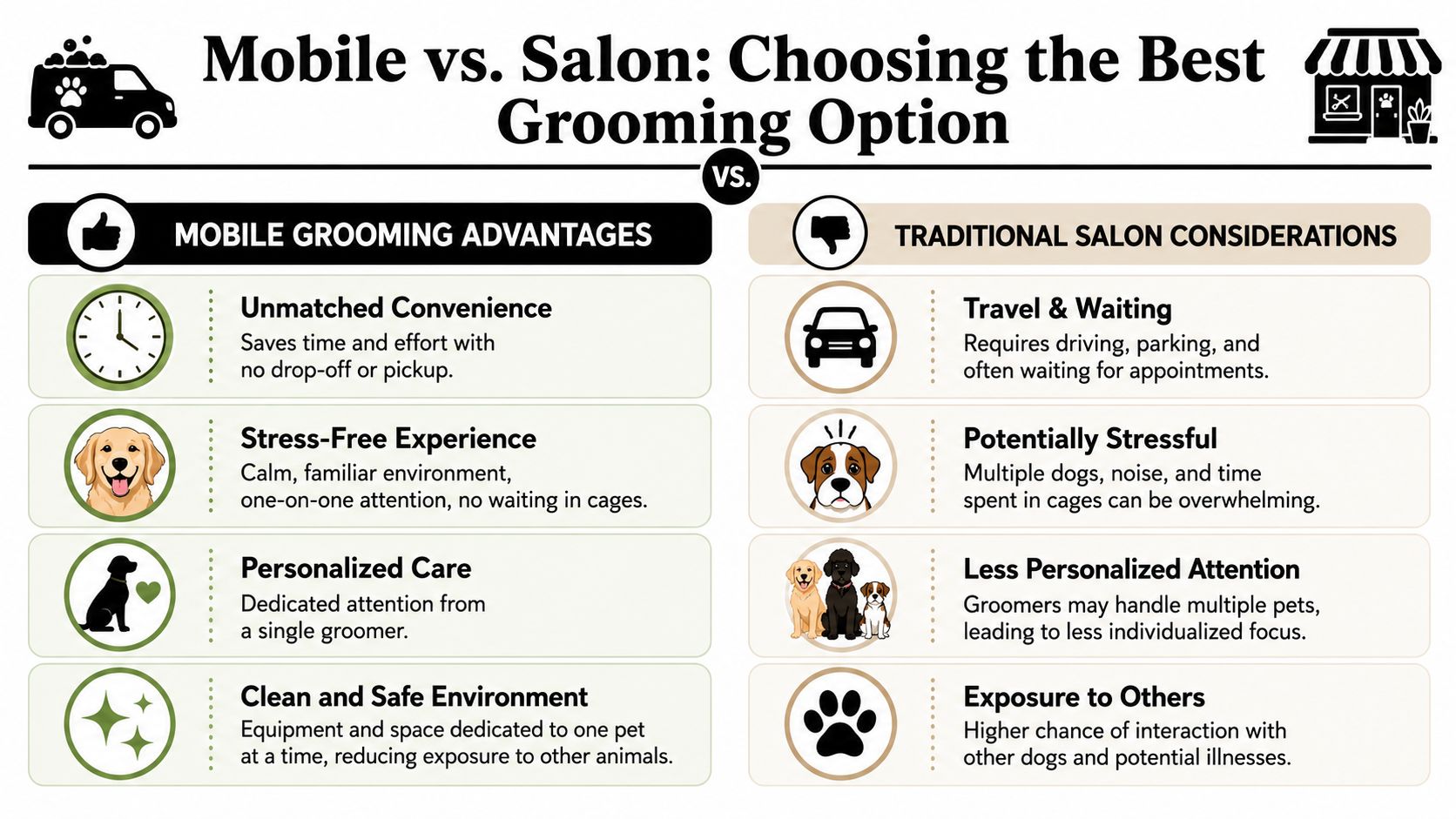 A comparison infographic showing the advantages of mobile dog grooming versus traditional salon grooming services for pets.