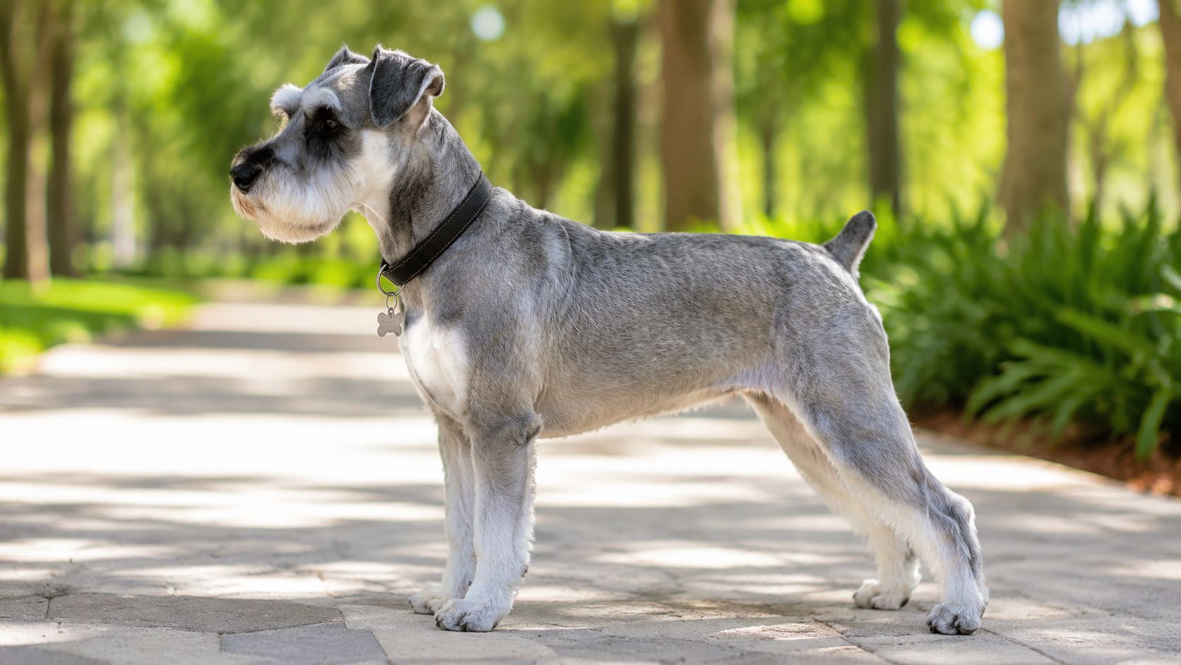 A gray Miniature Schnauzer standing proudly on a paved pathway in a lush, sunlit green park.